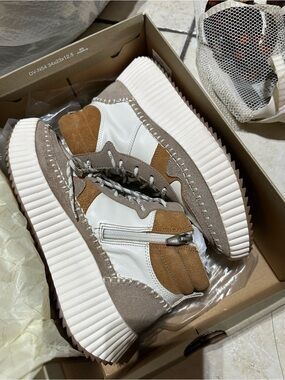 Dolce Vita Daley White, Tan and Taupe Platform Lace-Up Sneakers